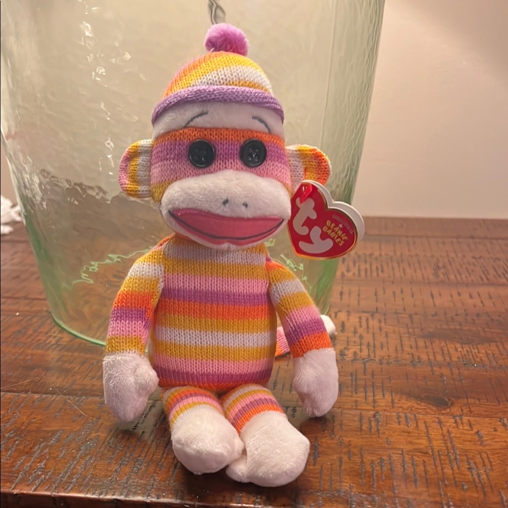 Ty Striped Sock Monkey Plush - Pink, Orange, Yellow